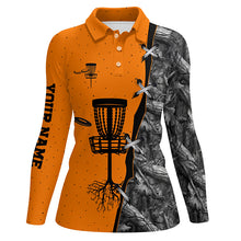 Load image into Gallery viewer, Women disc golf polo shirt black camo disc golf hole custom disc golf team shirt | Orange NQS6416