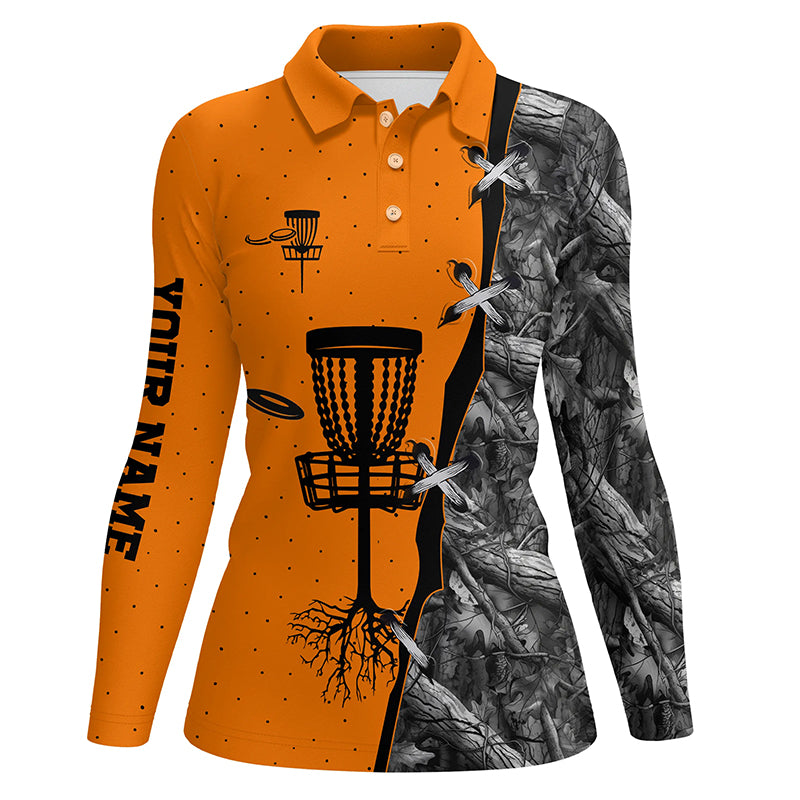 Women disc golf polo shirt black camo disc golf hole custom disc golf team shirt | Orange NQS6416
