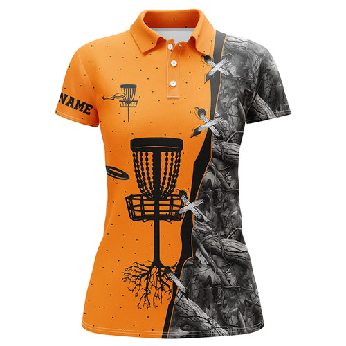 Women disc golf polo shirt black camo disc golf hole custom disc golf team shirt | Orange NQS6416