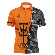 Load image into Gallery viewer, Mens disc golf polo shirt black camo disc golf hole custom disc golf team shirt | Orange NQS6416