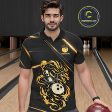 Load image into Gallery viewer, Black and Gold Flame Dragon Bowling Polo, Quarter Zip Shirt for Men Custom Bowling Team League Jersey NQS10904