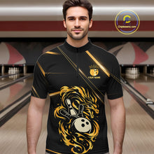 Load image into Gallery viewer, Black and Gold Flame Dragon Bowling Polo, Quarter Zip Shirt for Men Custom Bowling Team League Jersey NQS10904