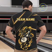 Load image into Gallery viewer, Black and Gold Flame Dragon Bowling Polo, Quarter Zip Shirt for Men Custom Bowling Team League Jersey NQS10904