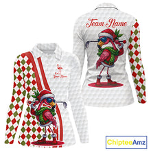 Load image into Gallery viewer, Funny Christmas Flamingo Women golf polo shirt custom red, green and white argyle pattern golf shirts NQS11086