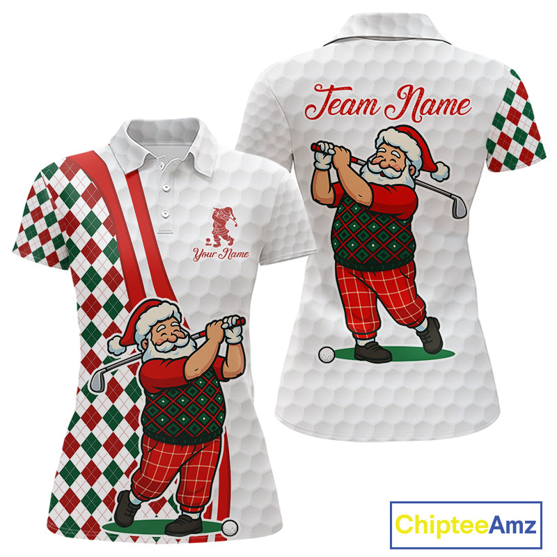 Funny Christmas Santa Golf polo shirt for Women custom red, green and white argyle pattern golf shirt NQS11089