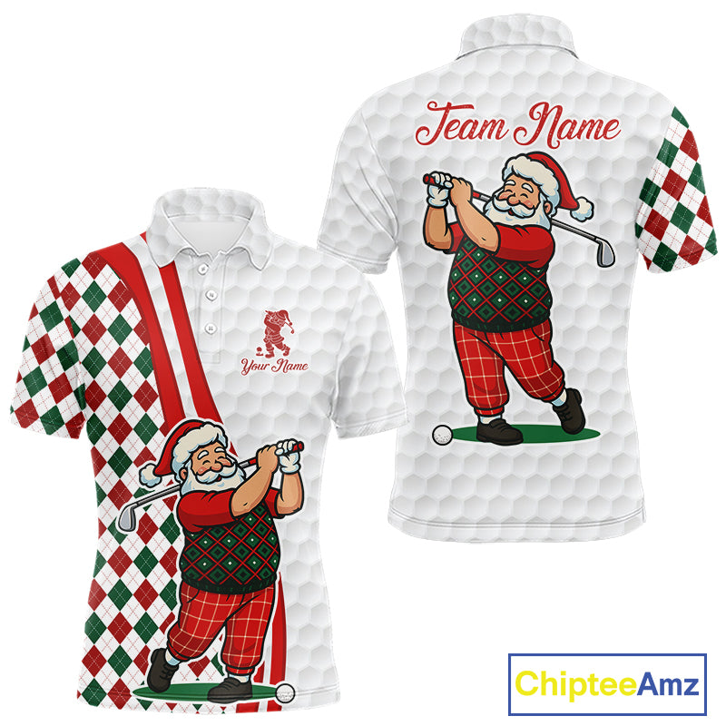 Funny Christmas Santa Golf polo shirt for men custom red, green and white argyle pattern golf shirts NQS11089