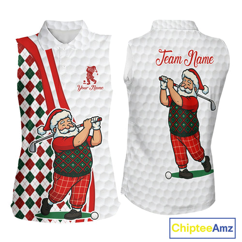 Funny Christmas Santa Sleeveless Golf polo shirt custom red, green & white argyle pattern golf shirt NQS11089