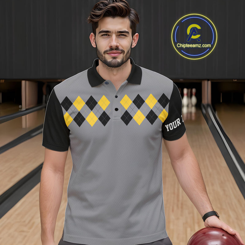 Black & Yellow argyle pattern retro Bowling Shirts For Men Custom Bowling and Beer Team Jersey | Gray NQS11095