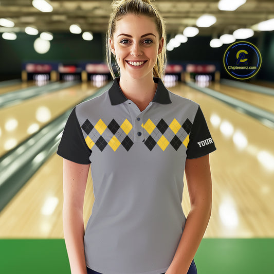 Black & Yellow argyle pattern retro Women Bowling Shirts Custom Bowling and Beer Team Jersey | Gray NQS11095