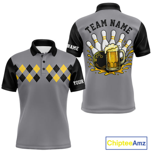 Black & Yellow argyle pattern retro Bowling Shirts For Men Custom Bowling and Beer Team Jersey | Gray NQS11095