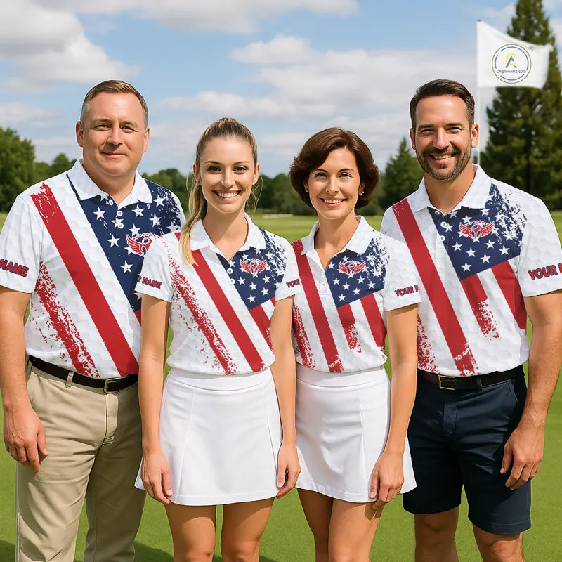 Red, white & blue American Flag Womens Golf polo shirts Custom patriotic golf outfit for ladies NQS11291