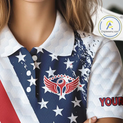 Red, white & blue American Flag Womens Golf polo shirts Custom patriotic golf outfit for ladies NQS11291