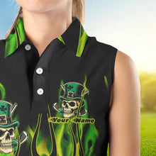 Load image into Gallery viewer, Women sleeveless polos Green clover skull St Patrick&#39;s Day golf shirts custom green fire golf apparel NQS7055