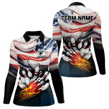 Load image into Gallery viewer, American flag Flame Bowling Polo, Quarter Zip shirts For Women custom patriotic bowling team jersey NQS9416