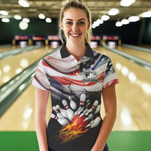 Load image into Gallery viewer, American flag Flame Bowling Polo, Quarter Zip shirts For Women custom patriotic bowling team jersey NQS9416