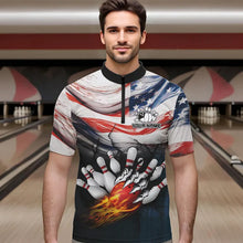 Load image into Gallery viewer, American flag Flame Bowling Polo, Quarter Zip shirts For Men custom patriotic bowling team jersey NQS9416