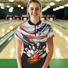 Load image into Gallery viewer, American flag Flame Bowling Polo, Quarter Zip shirts For Women custom patriotic bowling team jersey NQS9416