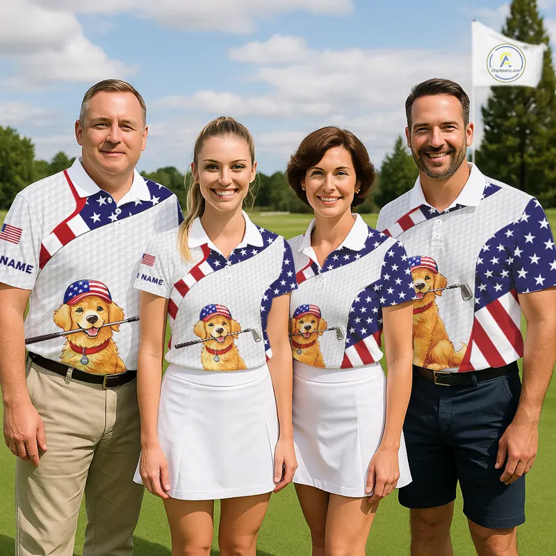 Personalized American flag golden retriever golf polo shirts for men custom name patriotic golf gifts NQS11518