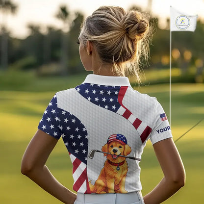Personalized American flag golden retriever golf polo shirts for Women custom patriotic golf gifts NQS11518