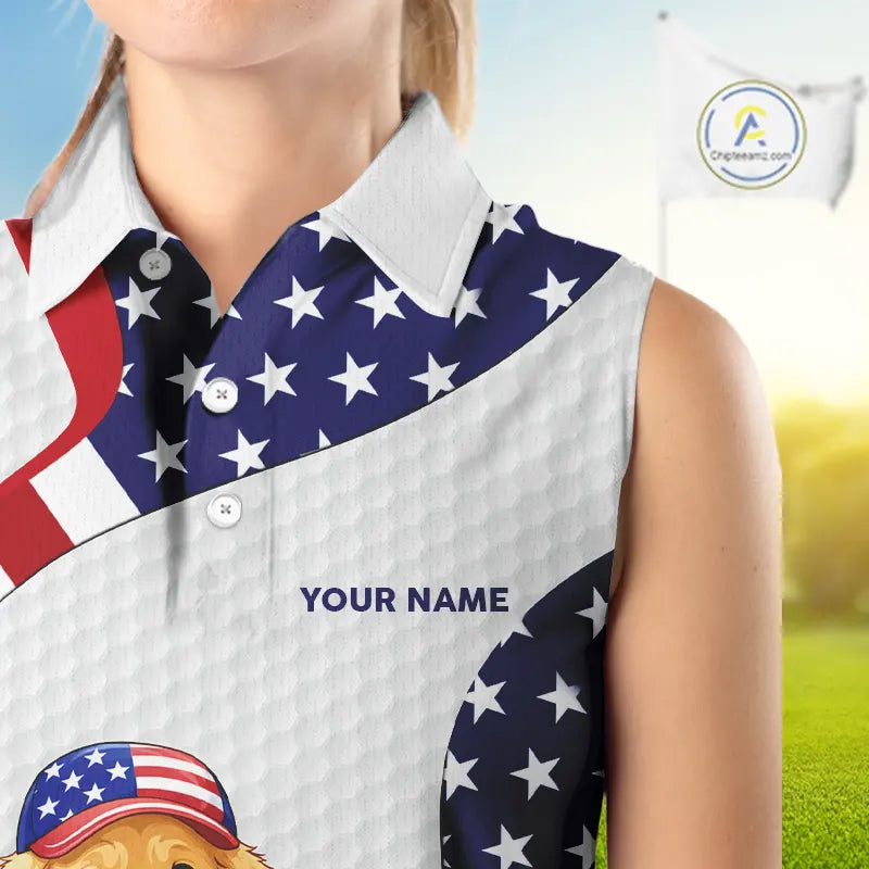 Personalized American flag golden retriever Sleeveless Golf Polo Shirt custom patriotic golf gifts NQS11518