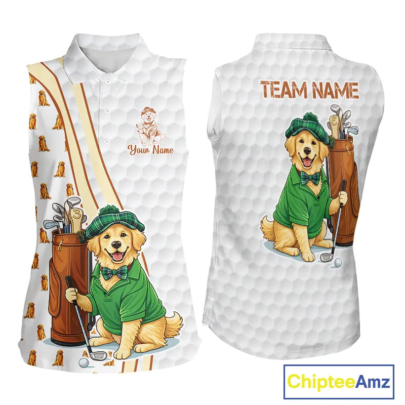 Funny Women sleeveless polo shirts custom Golden retriever golf pattern white ladies golf shirts NQS11519