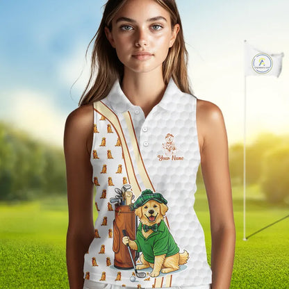 Funny Women sleeveless polo shirts custom Golden retriever golf pattern white ladies golf shirts NQS11519