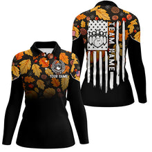 Load image into Gallery viewer, Womens bowling shirt Custom Autumn leaf camo Thanksgiving American flag patriotic bowling team jerseys NQS8755