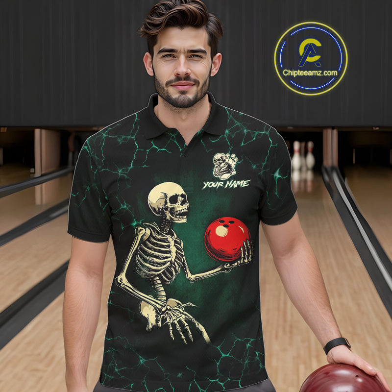 Black and Green Lightning Skull Bowling Polo, Quarter zip shirts For Men Custom Bowling Team Outfit NQS10921