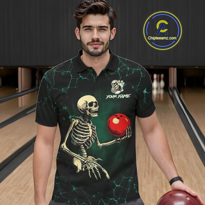 Black and Green Lightning Skull Bowling Polo, Quarter zip shirts For Men Custom Bowling Team Outfit NQS10921
