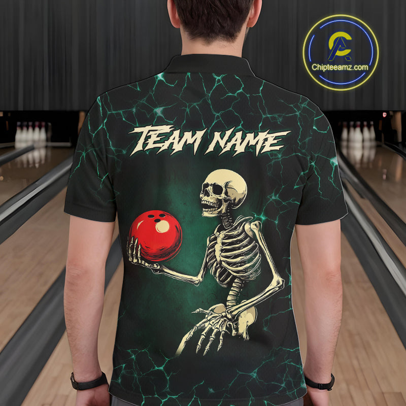 Black and Green Lightning Skull Bowling Polo, Quarter zip shirts For Men Custom Bowling Team Outfit NQS10921