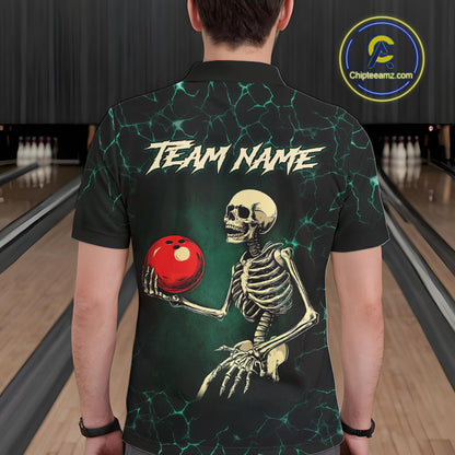 Black and Green Lightning Skull Bowling Polo, Quarter zip shirts For Men Custom Bowling Team Outfit NQS10921