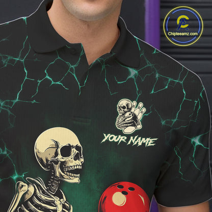 Black and Green Lightning Skull Bowling Polo, Quarter zip shirts For Men Custom Bowling Team Outfit NQS10921