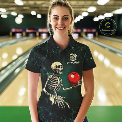 Black and Green Lightning Skull Bowling Polo, Quarter zip shirts For Women Custom Bowling Team Outfit NQS10921