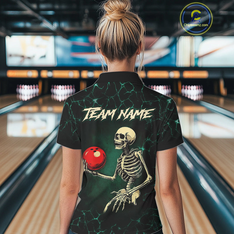 Black and Green Lightning Skull Bowling Polo, Quarter zip shirts For Women Custom Bowling Team Outfit NQS10921