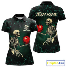 Load image into Gallery viewer, Black and Green Lightning Skull Bowling Polo, Quarter zip shirts For Women Custom Bowling Team Outfit NQS10921