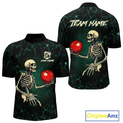 Black and Green Lightning Skull Bowling Polo, Quarter zip shirts For Men Custom Bowling Team Outfit NQS10921