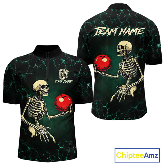 Black and Green Lightning Skull Bowling Polo, Quarter zip shirts For Men Custom Bowling Team Outfit NQS10921