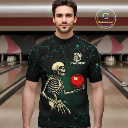 Black and Green Lightning Skull Bowling Polo, Quarter zip shirts For Men Custom Bowling Team Outfit NQS10921