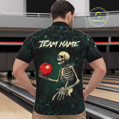 Black and Green Lightning Skull Bowling Polo, Quarter zip shirts For Men Custom Bowling Team Outfit NQS10921