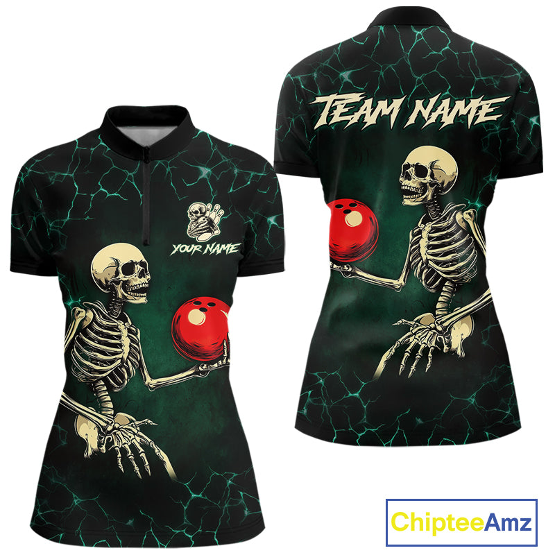 Black and Green Lightning Skull Bowling Polo, Quarter zip shirts For Women Custom Bowling Team Outfit NQS10921