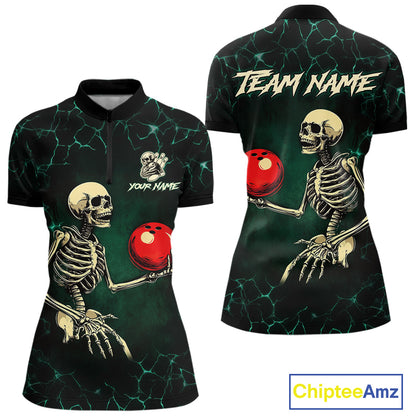 Black and Green Lightning Skull Bowling Polo, Quarter zip shirts For Women Custom Bowling Team Outfit NQS10921