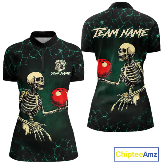 Black and Green Lightning Skull Bowling Polo, Quarter zip shirts For Women Custom Bowling Team Outfit NQS10921