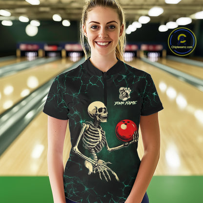Black and Green Lightning Skull Bowling Polo, Quarter zip shirts For Women Custom Bowling Team Outfit NQS10921