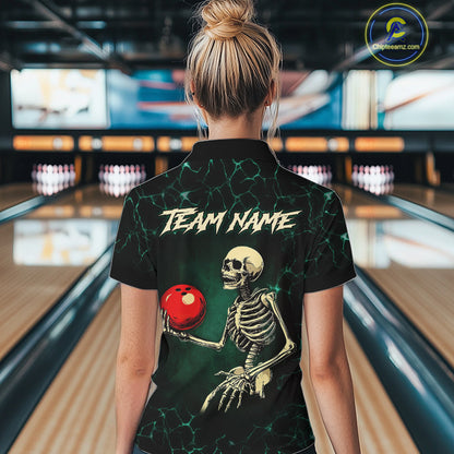 Black and Green Lightning Skull Bowling Polo, Quarter zip shirts For Women Custom Bowling Team Outfit NQS10921