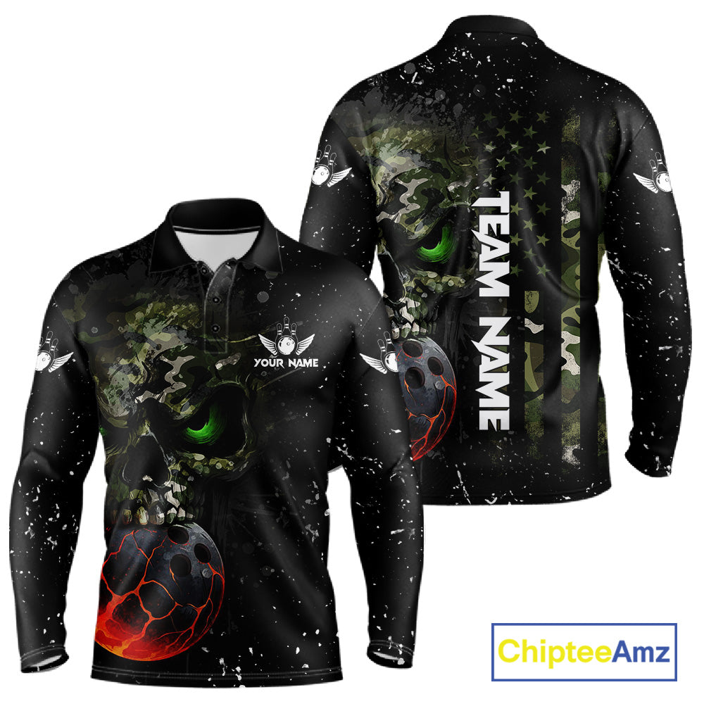 Black and Green Camo grunge American Flag Skull Bowling Shirts for Men Custom Bowling Team jerseys NQS11294