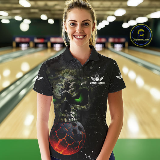 Black and Green Camo grunge American Flag Skull Bowling Shirts for Women Custom Bowling Team jerseys NQS11294