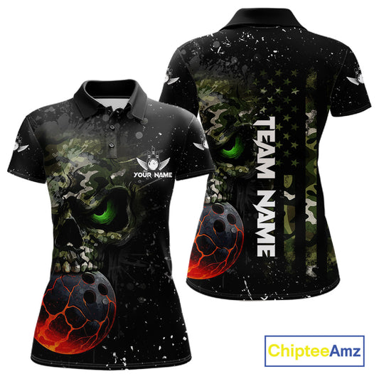 Black and Green Camo grunge American Flag Skull Bowling Shirts for Women Custom Bowling Team jerseys NQS11294