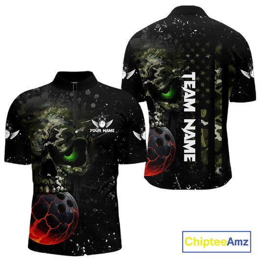 Black and Green Camo grunge American Flag Skull Bowling Shirts for Men Custom Bowling Team jerseys NQS11294