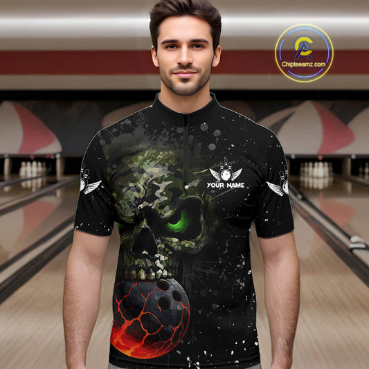 Black and Green Camo grunge American Flag Skull Bowling Shirts for Men Custom Bowling Team jerseys NQS11294