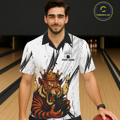 Black and White Tiger Bowling Hawaiian Shirt Custom Tiger Bowling Team button up shirt NQS11298